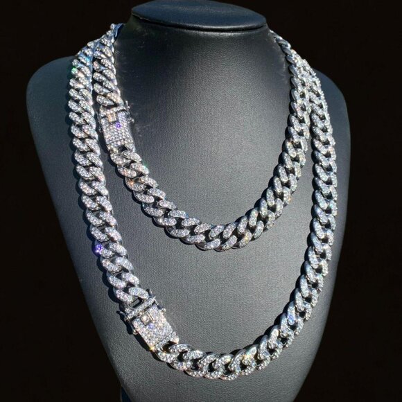 Iced Cuban Link Chain White Gold 14mm (Tennis Chain, Figaro Chain, Rope Chain) - Picture 1 of 4